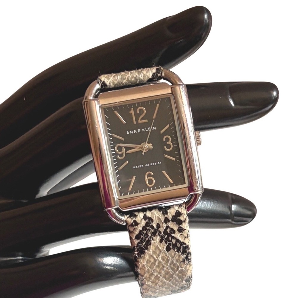 Anne Klein Womens Rectangular Silver Tone Watch Snakeskin Leather Strap
